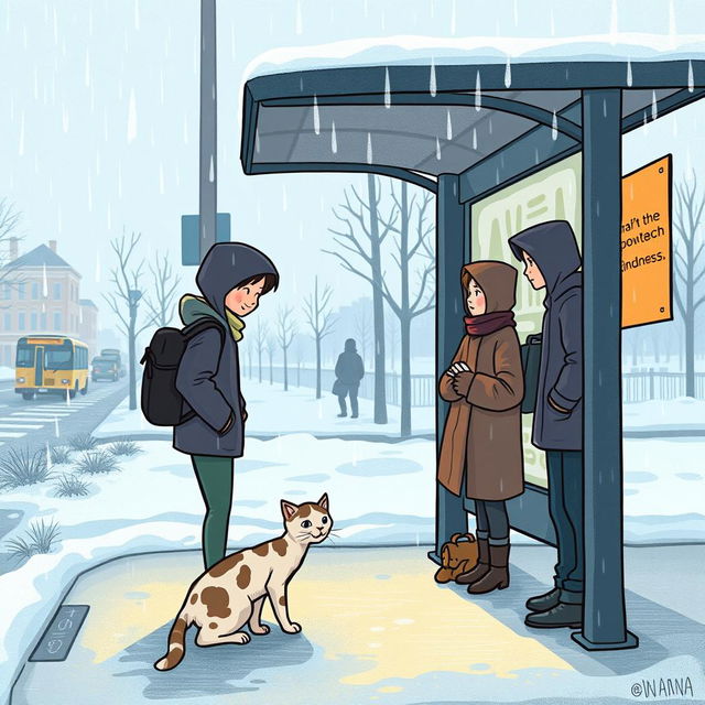 Illustrate a cold, rainy winter day at a bus stop where a shivering, wet kitten is found by the narrator