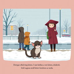 Illustrate a cold, rainy winter day at a bus stop where a shivering, wet kitten is found by the narrator