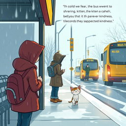 Illustrate a cold, rainy winter day at a bus stop where a shivering, wet kitten is found by the narrator