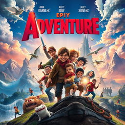 A vibrant movie poster featuring an epic adventure with diverse characters, magical landscapes, and a thrilling plot