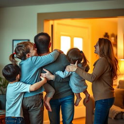 A heartwarming scene of a father returning home to his family after a long day