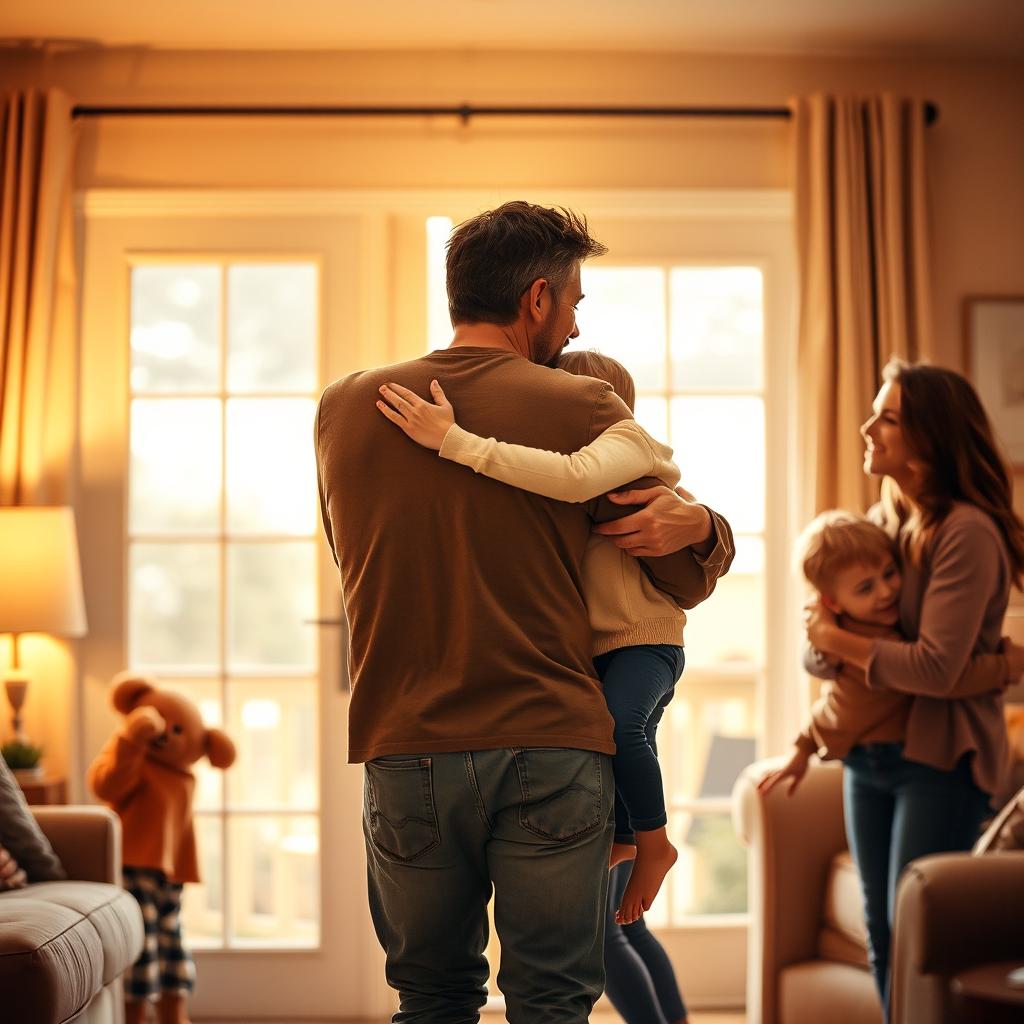 A heartwarming scene of a father returning home to his family after a long day