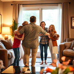 A heartwarming scene of a father returning home to his family after a long day