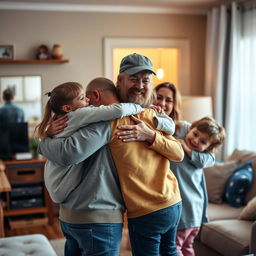 A heartwarming scene of a father returning home to his family after a long day