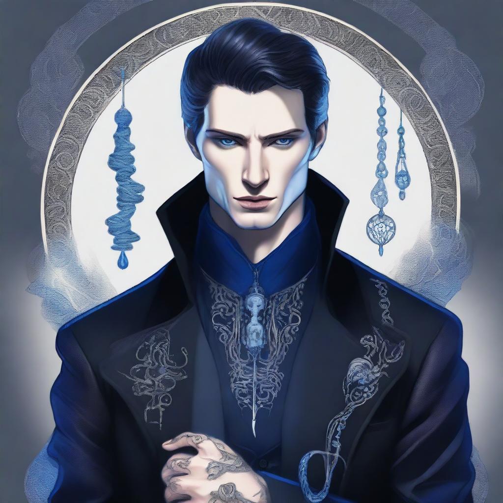 A tall, wiry man with pale skin and deep blue, piercing eyes, dressed in dark, elegant clothing with a high-collared coat