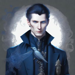 A tall, wiry man with pale skin and deep blue, piercing eyes, dressed in dark, elegant clothing with a high-collared coat