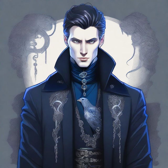 A tall, wiry man with pale skin and deep blue, piercing eyes, dressed in dark, elegant clothing with a high-collared coat