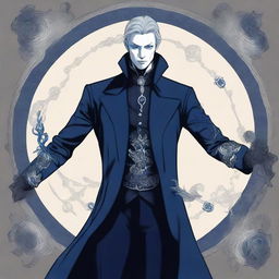 A tall, wiry man with pale skin and deep blue, piercing eyes, dressed in dark, elegant clothing with a high-collared coat