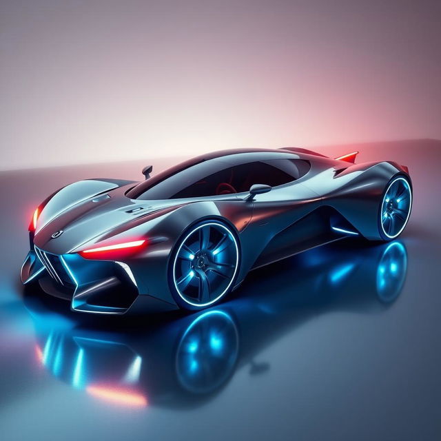 A futuristic sport hyper car with a long sleek design, featuring fiery headlights and big wheels