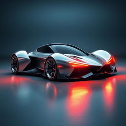 A futuristic sport hyper car with a long sleek design, featuring fiery headlights and big wheels