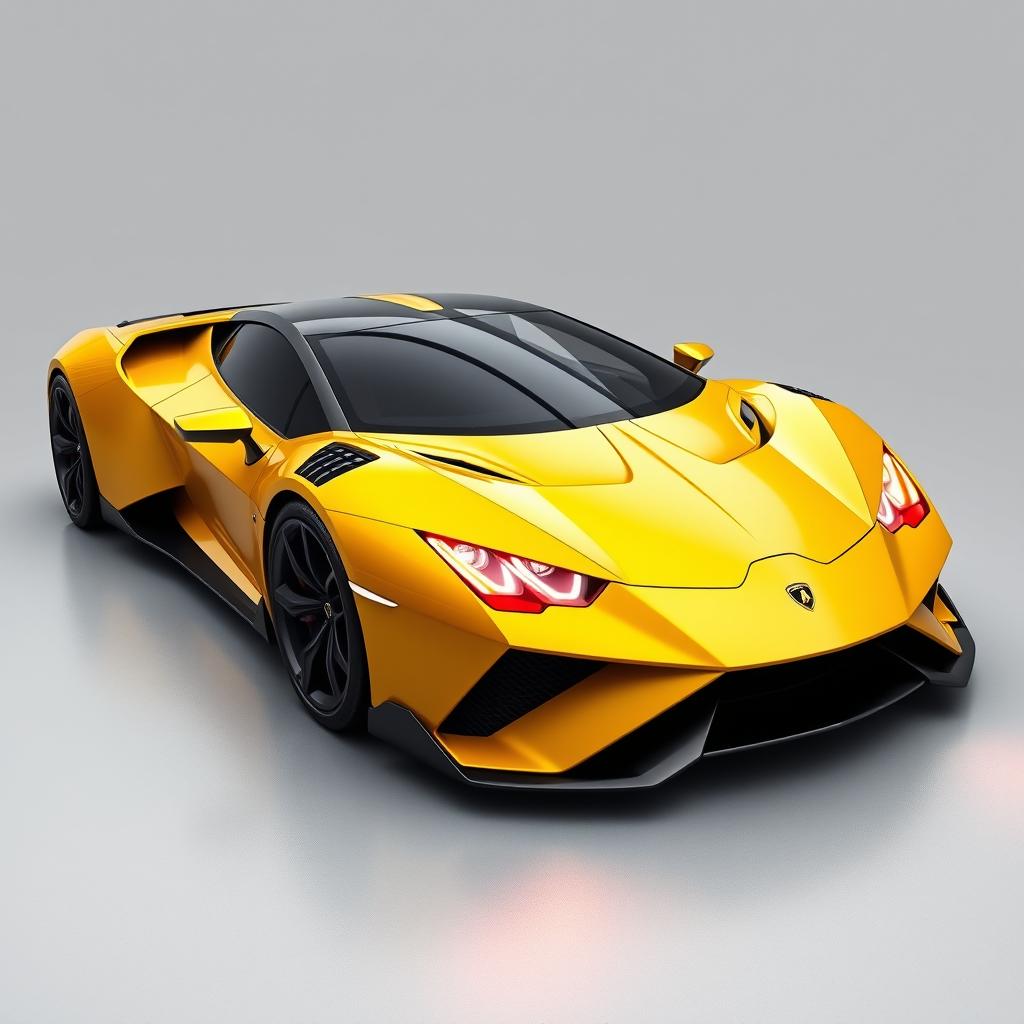 A futuristic yellow sport hyper car with a long sleek design, similar to a Lamborghini Aventador SVJ