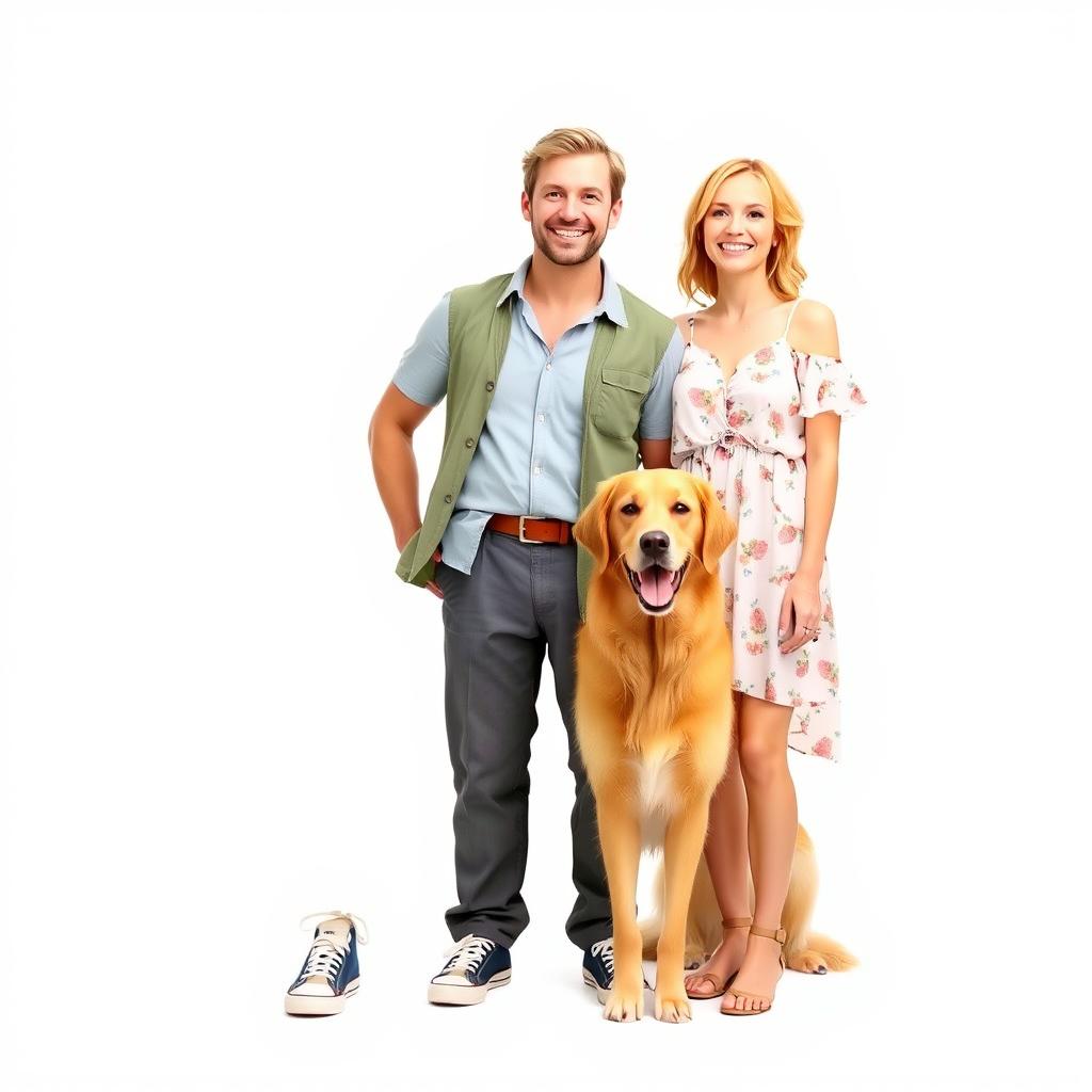 A man and a woman standing together with a dog on a white background