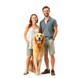 A man and a woman standing together with a dog on a white background