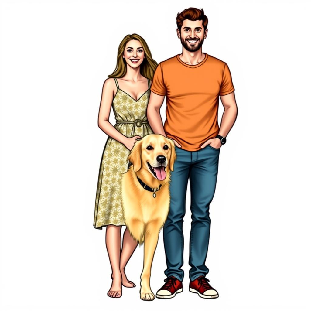 A man and a woman standing together with a dog on a white background