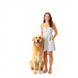 A man and a woman standing together with a dog on a white background