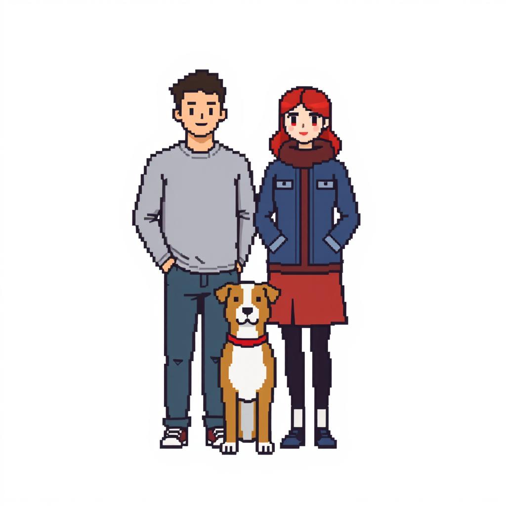 Create a pixel art image featuring a man and a woman standing together with a dog on a white background