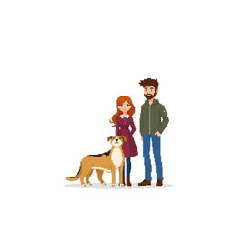 Create a pixel art image featuring a man and a woman standing together with a dog on a white background