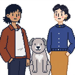 Create a pixel art image featuring a man and a woman standing together with a dog on a white background