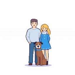 Create a pixel art image featuring a man and a woman standing together with a dog on a white background