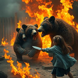 A dramatic scene of a zoo on fire with Andean bears (Jukumaris) trying to escape