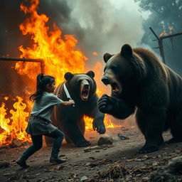 A dramatic scene of a zoo on fire with Andean bears (Jukumaris) trying to escape