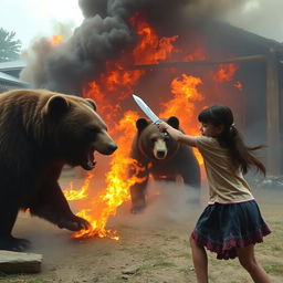 A dramatic scene of a zoo on fire with Andean bears (Jukumaris) trying to escape