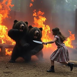 A dramatic scene of a zoo on fire with Andean bears (Jukumaris) trying to escape