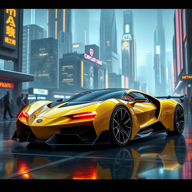 A futuristic yellow sport hyper car with a long sleek design, similar to a Lamborghini Aventador and a Bugatti Chiron