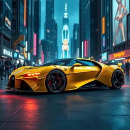 A futuristic yellow sport hyper car with a long sleek design, similar to a Lamborghini Aventador and a Bugatti Chiron