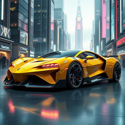 A futuristic yellow sport hyper car with a long sleek design, similar to a Lamborghini Aventador and a Bugatti Chiron