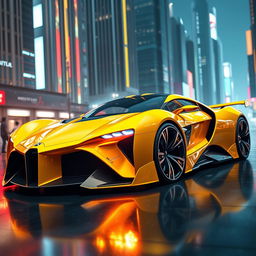 A futuristic yellow sport hyper car with a long sleek design, similar to a Lamborghini Aventador and a Bugatti Chiron