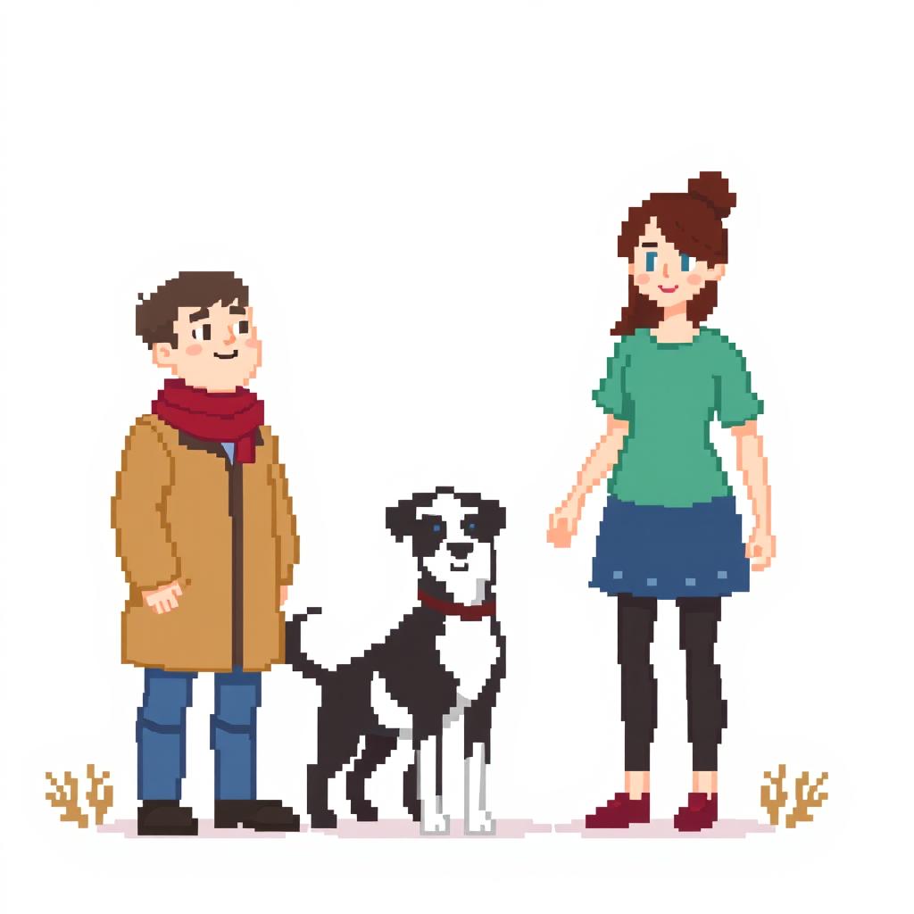 Create a pixel art image featuring a man and a woman standing together with a dog on a white background