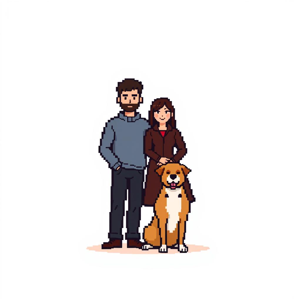 Create a pixel art image featuring a man and a woman standing together with a dog on a white background