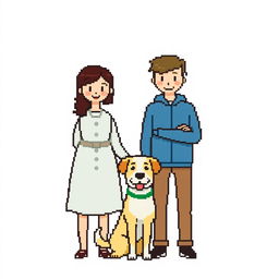 Create a pixel art image featuring a man and a woman standing together with a dog on a white background