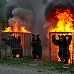 A dramatic scene of a zoo on fire with Andean bears (Jukumaris) trapped in cages