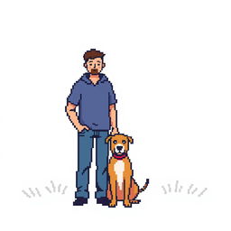 Create a pixel art image featuring a man and a woman standing together with a dog on a white background