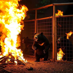 A dramatic scene of a zoo on fire with Andean bears (Jukumaris) trapped in cages