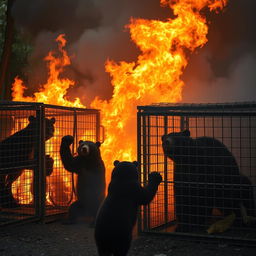 A dramatic scene of a zoo on fire with Andean bears (Jukumaris) trapped in cages