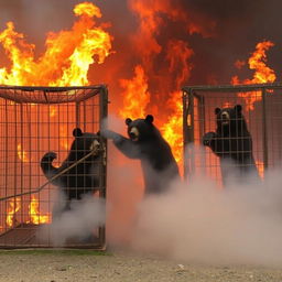 A dramatic scene of a zoo on fire with Andean bears (Jukumaris) trapped in cages