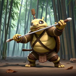 Master Oogway, the wise tortoise from Kung Fu Panda, wielding a rapier