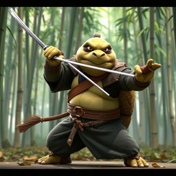 Master Oogway, the wise tortoise from Kung Fu Panda, wielding a rapier