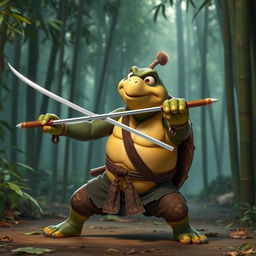 Master Oogway, the wise tortoise from Kung Fu Panda, wielding a rapier