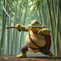 Master Oogway, the wise tortoise from Kung Fu Panda, wielding a rapier