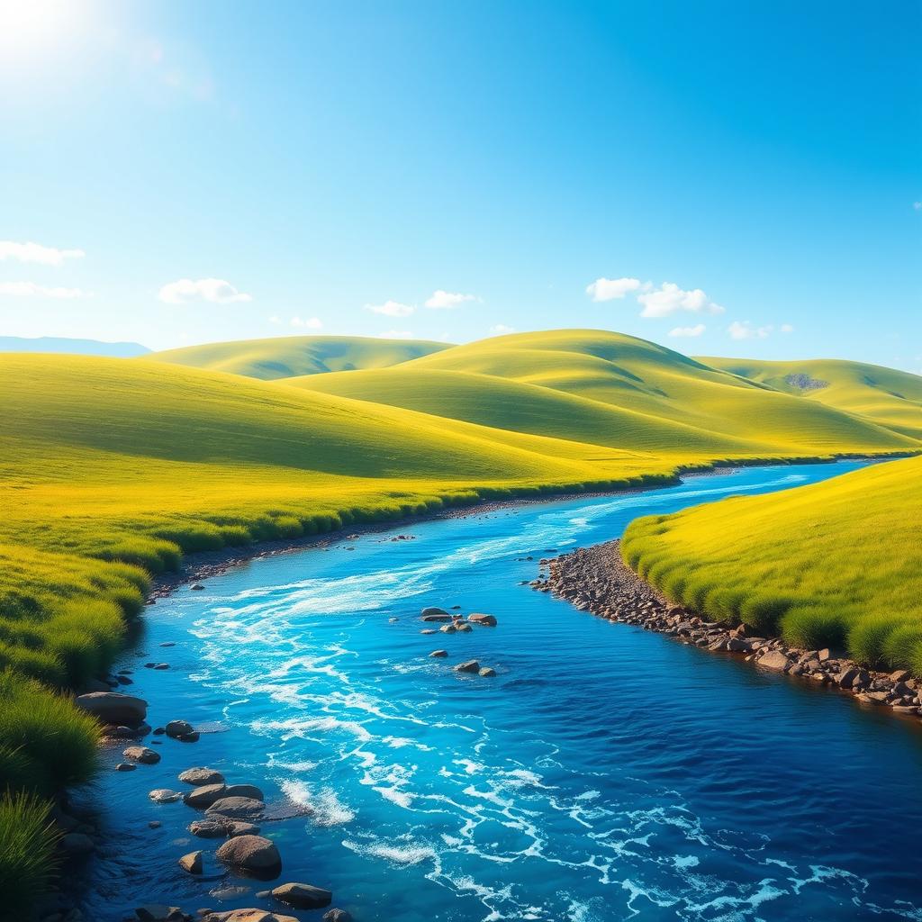 Create a vibrant and colorful image showcasing a serene landscape with rolling hills, a clear blue sky, and a sparkling river flowing through the scene