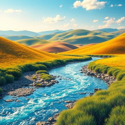 Create a vibrant and colorful image showcasing a serene landscape with rolling hills, a clear blue sky, and a sparkling river flowing through the scene