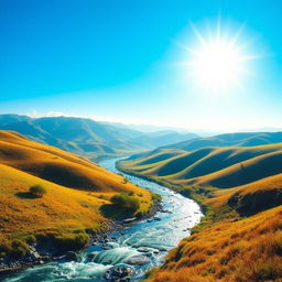 Create a vibrant and colorful image showcasing a serene landscape with rolling hills, a clear blue sky, and a sparkling river flowing through the scene