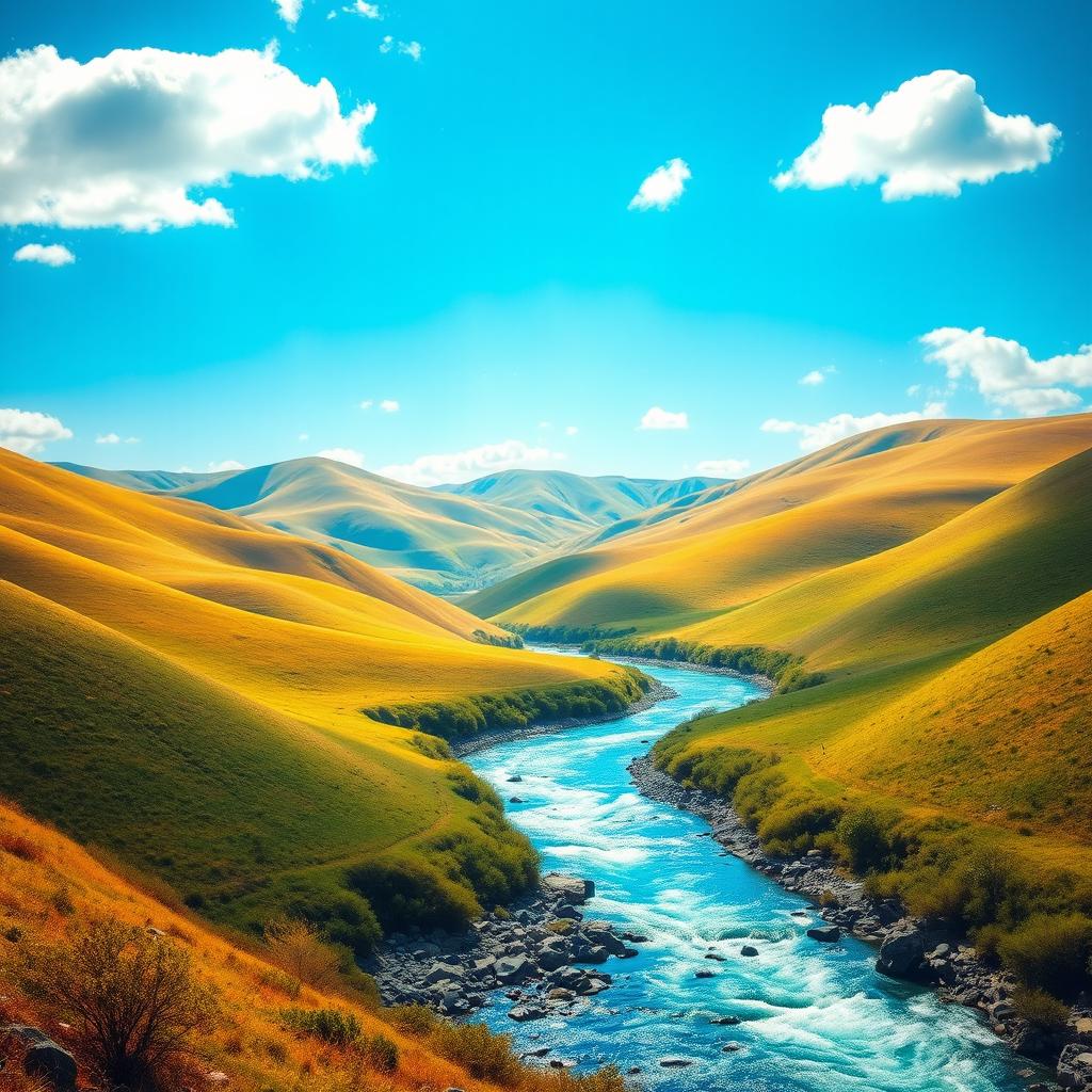 Create a vibrant and colorful image showcasing a serene landscape with rolling hills, a clear blue sky, and a sparkling river flowing through the scene