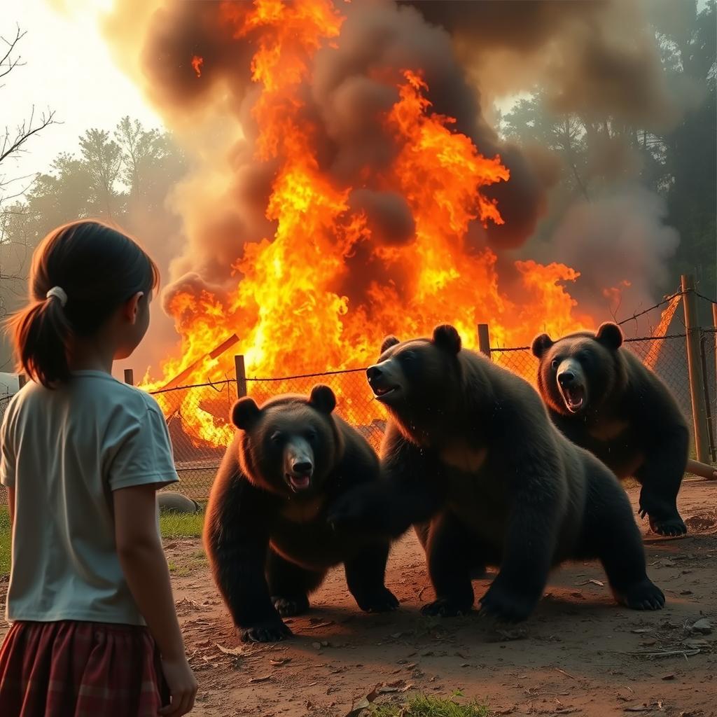 A dramatic scene of a zoo on fire with flames and smoke rising