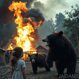 A dramatic scene of a zoo on fire with flames and smoke rising