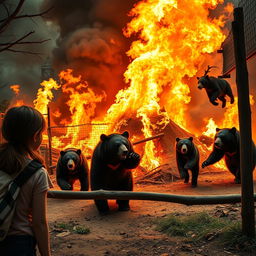 A dramatic scene of a zoo on fire with flames and smoke rising